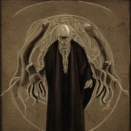 Russian Orthodox nosferatu with five eyes and tentacle beard and long arms and fingers