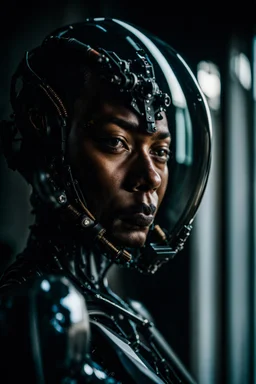 Cyborg, Potrait photo, Character ID=213342341219, Lush void, imperfection, natural lighting, cinematic, Fuji Film, Anamorphic lens, 2040s, deep depth of field, Solarpunk