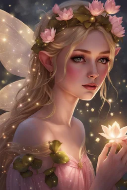 Blonde hair ,Pink dress,Sparkling fairy wings,Very long golden hair,Fairy crown,pointed ears,elven ears,fairy wings,water lilies,sparkling,glittering,flowers,blossoms,golden crown,light pink dress