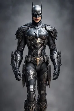 Fullbody photography front view of a hot beautiful woman as Batman mech in transformative style, his metallic skin gleaming with intricate textures and intricate details, captured in an ultra-realistic style that blurs the lines between reality and imagination.