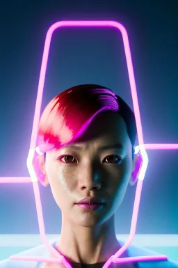 portrait, Asian cyborg woman :: symmetry photography, cyberpunk, pink hair, makeup, long line eye, light iris, :: latex coat, wires and circuits, pink, white, black :: cinematic, Ultra realistic, dark scene, soft color, highly detailed, unreal engine 5, RTX, ultra detail, 3d, finely drawn, high definition.