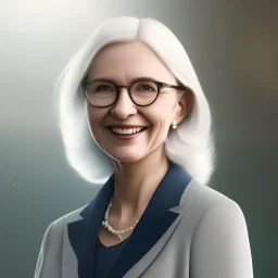 portrait of a English Teacher, woman wearing glasses, good and smile, white hair, 4k resolution, soft smooth lighting, elegant, atmospheric, realistic, cinematic lighting, soft light atmosphere, unreal engine 5