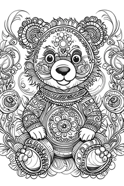 Outline art for coloring page, GYPSY SMILING TEDDY BEAR TOY, coloring page, white background, Sketch style, only use outline, clean line art, white background, no shadows, no shading, no color, clear