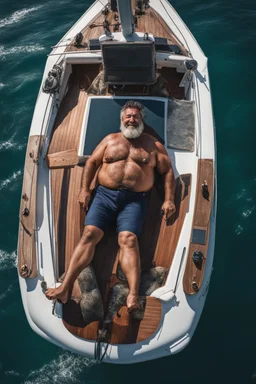 close aerial photography of a burly chubby muscular turkish fisherman happy sunbathing lying down on the large bow of a yachtin open sea, manly armpits, manly chest, hairy chest, ugly, 52 years old, curly beard, bullneck, short bulging ripped pants, muscular, emotive eyes, photorealistic, 35mm lens, Canon EOS, 8k , view from the ground