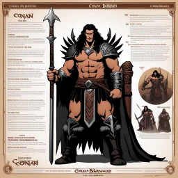 character concept sheet with AD&D statistics and characteristics, [wii No More Heroes style with thick lines] Conan the barbarian on the throne with all his iconic glory