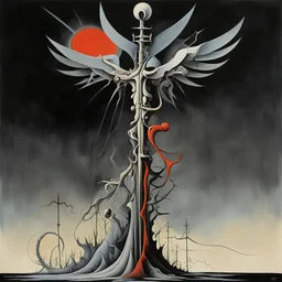 Caduceus in the backdrop of a black void, by Yves Tanguy, by Gerald Scarfe, asymmetric surrealism, sharp focus, nightmarish, complimentary primary colors, double helix figure, Alf