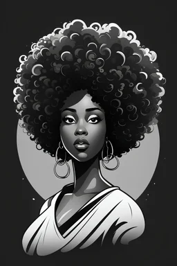 create a whimsical logo style image with exaggerated features, 2k. a black and white cartoon image of a thick black female looking off to the side with a large thick tightly curly asymmetrical afro. Very beautiful