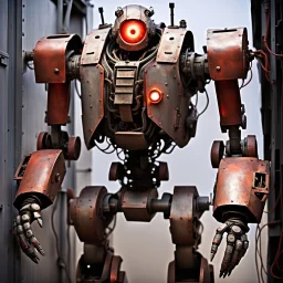 trash mech suit, human-sized, made of scrap metal, cockpit in chest cavity, light rust, round, one red glowing eye, loose wires, escape hatch