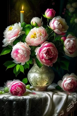 a magnificent, huge bouquet of white and bright pink peony-shaped roses on the table, a beautiful tablecloth, candles, a white vase, hyperphotorealism, mega-volume watercolor,impressionism,ultra-detail,filigree, cinematic, symmetry,many details,dark botanical, beautiful illumination from the inside, soft play of shadows and light, lumen,octane, aesthetically pleasing,beautiful, dim lighting,5d,64k,600dpi,30mm lens,1/250s, f/2.8,ISO5000