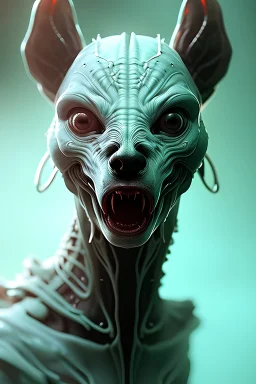 Demonic dog alien, realistic face, soft, delicate,intricate, cyberpunk, powerful, horror, sharp focus, octane render, post-processing, epic composition, elegant, studio lighting, fiona staples, mandy jurgens, david finch, guillermo del toro