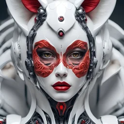 a close up of a person with a painted face, digital art, by Galen Dara, trending on zbrush central, digital art, woman with cat ears, fractal ceramic armor, industrial robotic cats, porcelain skin ”, detailed face with red lips, photography alexey kurylev, in plastic, white fox ears, symmetical face, wearing futuristic, porcelain, shot with Sony Alpha a9 Il and Sony FE 200-600mm f/5. 6-6.3 G OSS, natural light, hyper-realistic photography, ultra detailed -ar 1:1 -q 2 -s 750)