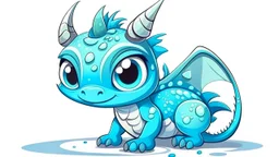 cartoon illustration: a cute little ice dragon with big shiny eyes. The dragon has big wings.