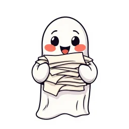 An icon that features a cute and happy ghost. That holds a big pile of papers in its hands. No background. Transparent background. Cute. Icon. Logo. Drawing. SVG.