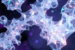create A picture of 3d complex hypnotic fractal translucent 3D geometry structures evolving and morphing, fluid geometry shifting between organic and geometric forms, iridescent glass material with internal glow and pretty bubbles inside,instances must have random translucent material smooth must capture comple struct , galaxy background, seamless motion, cinematic lighting, generative art style.