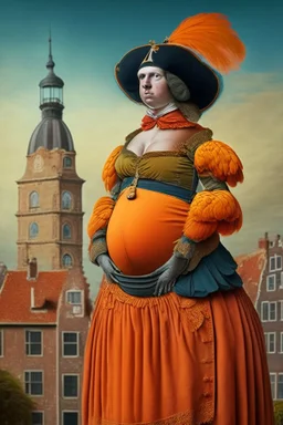 Pregnant Female Half parrot half human in a old 1700s orange Dutch uniform in front of a Dutch city