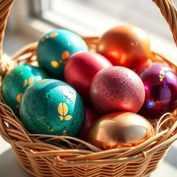 digital photograph of off-center modern basket colorful Easter eggs. eggs display intricate textures in azure, emerald, blush, crimson, sapphire, and gilded metallic hues. cinematic HDR backlighting highlights subtle dimples and glossy reflections, with shallow depth of field softening the sunlit background. hyperrealistic 8k resolution,