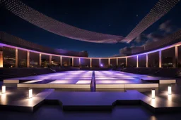 a big open empty wide disko stage in modern city in a very big square in midnight , at distance,night sky ,stars