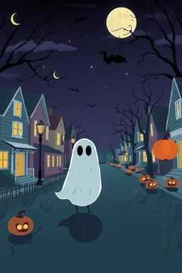 A ghost walks with bycle in the american town.Halloween themed illustration.picasso style