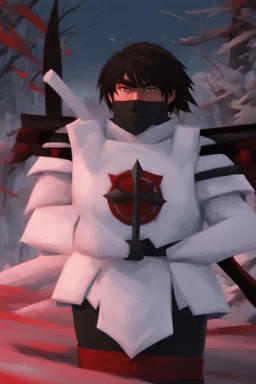 The character, depicted in a striking white armour against a wintry backdrop stands with his hands behind his back inside the scene, he has a red and black circular symbol on his chest like a shield, a black pointed spear with a red handle on his back, His eyes are showing a dynamic expression and he wears a black oni mask with white teeth covering the bottom part of his mouth he has brown shoulder pads and a white belt with a bag attached to it. He has dark brown hair, he does not wear a helmet