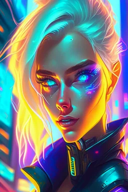 a blonde&ash haired supermodel heterochromia eyes, in a futuristic scifi city, high fashion, Neon lighting, cyberpunk, Highly detailed, Digital painting, Artstation, Sharp focus, art by loish and artgerm and greg ruthkowski and chris ryniak and simon stalenhag.