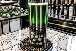 filling the frame edge to edge looking into a tank filled with matcha latte bubble tea, dark tapioca pearls along the bottom against the glass, ice floating at top, no fish, no outside of tank