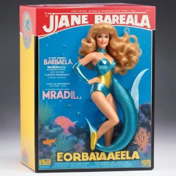 A photograph of a pristine action figure encased in its packaging, evoking a sense of collectible wonder, styled after a vintage toy advertisement. The box prominently displays "Mermaid Barbarella" in bold, stylized lettering, with the action figure inside clearly resembling youthful Jane Fonda as Barbarella the mermaid, possessing his iconic sci-fi features and her fish tail: her long red curly hair, she wears her iconic silver bikini, in the box: a trident and an aquarium