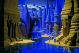 A purple cove with treasure designed in ancient Egyptian architecture and sculptures painted by Grant Wood