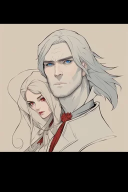 A couple, from the dnd game curse of Strahd. The woman has long white hair and blue eyes, the man has LONG BLACK hair and red eyes, no facial hair.