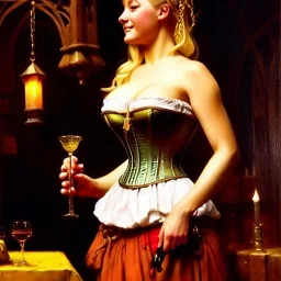 fullbody portrait 'beautiful face blonde massiveboobs medieval wench on tavern in medieval city',corset,painting by gaston bussiere, greg rutkowski, yoji shinkawa, yoshitaka amano, tsutomu nihei, donato giancola, tim hildebrandt, oil on canvas, cinematic composition,sharp image, extreme detail,((fit full head inside picture)),32k