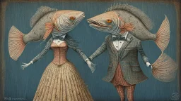 "The Salmon Dance" depicts a Couple with giant salmon heads in formal dance wear that is intricately detailed with quilling from things found in nature; surrealism; Ben Templesmith