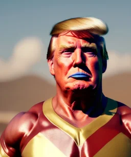 Realistic image of Donald trump wrestler, Mexican wrestling, red and blue breeches, suspenders, retro style, 80s, red, gold, vibrant color, highly detailed, clean background, concept art, unreal engine 5, god rays, ray tracing, RTX, lumen lighting, ultra detail, volumetric lighting, 3d, finely drawn, high definition, high resolution.