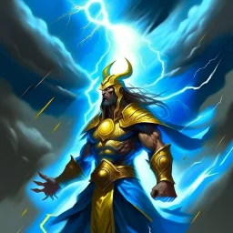 The symbol for a god who is the Lightning Rider, who is the Lord of War, Strength, the Storms and Challenging that uses blue and yellow lightning