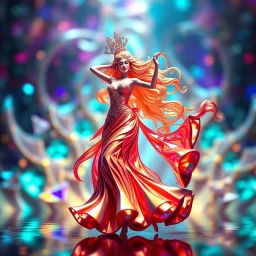 A goddess of love in a cleric dress dances in a vibrant, vibrating, color-rich 3D environment of metallic and crystal recursive geometric structures and an evolving ,Creative 3d fractal art, blurred bokeh effect,