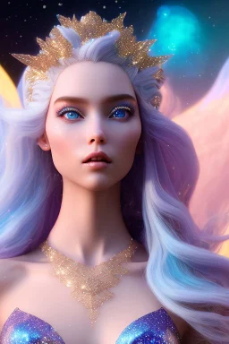 woman glitter blue fairy in a galactic ambiance, long blue hair, detailed gorgeous smile, delicate colors in the foreground, full of details, smooth, light effect，vaporwave colorful, smooth, extremely sharp detail, finely tuned detail, ultra high definition, 8 k, unreal engine 5, ultra sharp