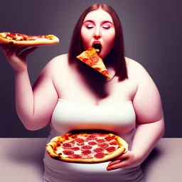 obese woman stuffing her face with pizza while burping and farting