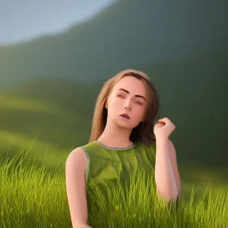 gorgeous young Swiss girl sitting standing in green field, mountain, sun, wearing blue shirt over, open arms, realistic eyes, unreal engine, photograph, realistic skin texture, photorealistic, hyper realism, highly detailed, 85mm portrait photography