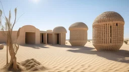 An architectural work located in a desert oasis at midday, depicting roughly hewn vertical stone posts supporting adobe-style cubicles and mirage-like spheres, with a heat haze rising from the sand.