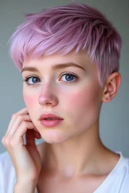 A young woman with lavender skin, purple eyes, pink hair in a pixie cut with pink freckles.