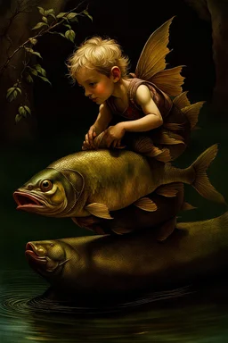 Masterpiece, ((Ottfried Preußler, the little water sprite)) the young little water sprite (boy) is sitting on the back of a big huge carp (fish) and glides with him under the water complete figure, flawless, full body shot, by Baptiste Monge, by Daniel Merriam, by Brian Froud, by Beatrix Potter, by Nicoletta Ceccoli, by Kinuko Y. Craft, by David Laurence, by Arcimboldo