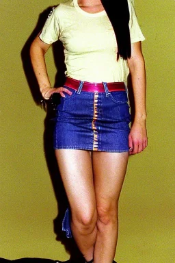 year 1996 denim fashion. Loose skirt, low waist. Combat t-shirt. Colors: denim blue, blue, purple, cream, khaki, light green, lilac, plum, orange, terracotta, red, light yellow, pink, dark blue, beige. Latex in small part. Something between camouflage and cheetah prints.. Gwen Stephani, Shirley Manson.