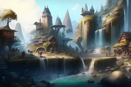 fantasy village with waterfall, bridges, people, next to lake, rocks