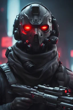 Photo realism, Tactical military mask, one red glowing eye, dark sci-fi style, heavy rifle, ultra realism, super detailed, cinematic lighting, 4k, cyberpunk, remove background