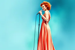 full figure, red curly hair upswept gorgeous singer on a stage in front of a microphone, sleeveless rose gold shiny silk long dress, the dress goes down to bluish green, photorealistic watercolour