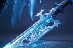 A fantasy sword that is a slender, translucent blade made of ice, shimmering with an ethereal blue glow. Its hilt is crafted from swirling vines, leading to a vibrant crystal at the pommel. With a black background behind it. HD