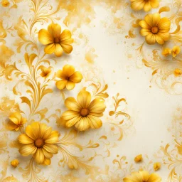 Hyper Realistic Yellow & Beige Abstract-Floral-Patterns With Glowing Golden Embers On Off-White Grungy Background.