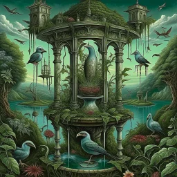 strange hanging garden filled with sinister birds, surreal meander style of Michael Cheval and gerald scarfe, eerie, smooth, trending on Artstation, 16k, intricate detail, hypersurreal.