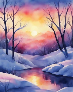 Snowy winter sunset watercolor painting, beautiful watercolor painting style, detailed watercolor painting, high detailed watercolor painting, high quality, 4k