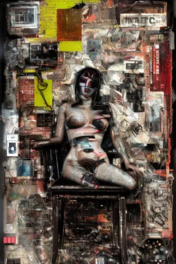 Ultra detailed medium portrait painting of a half naked woman sitting on a chair, bended over, dark room with little light coming from an open door behind her, torn up collage of clippings, broken circuitry background, matrix effects, punk visual art, punk art aesthetic, graffiti art, pop surrealism, collage art, cluttered paint glitches