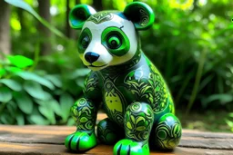 A lime green nature elemental panda designed in Oaxacan Alebrijes painted by Michelangelo di Lodovico Buonarroti Simoni