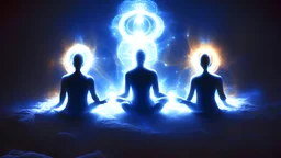 3 seres de luz creando y uniendo sus mentes a otras mentes mas a alejadas, imagen 4k